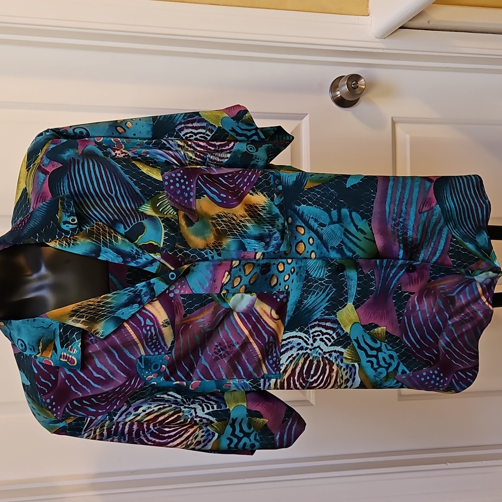 ELLEN TRACY Silk Colorful Sea Underwater Fish Abstract Button-Up Shirt Blouse-2